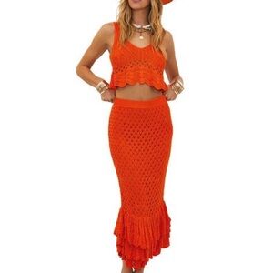 Beach Riot Vibrant Orange Crochet Skirt Set